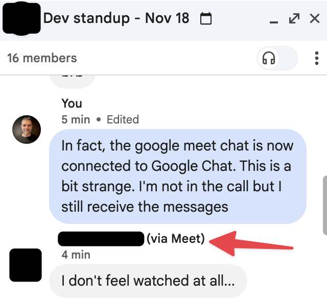 Your Google Meet chat is now sent through Google Chat to people not in the call